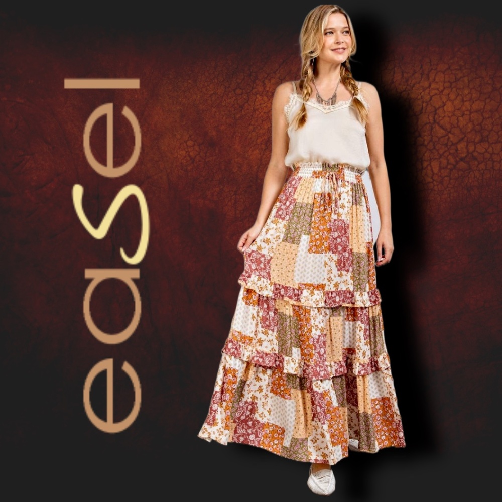 EASEL Patchwork Tiered Ruffled Elastic & Drawstring Waist Midi Maxi Skirt Dress